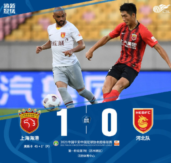 中超-上海海港1-0河北领跑苏州 门将失误送点奥斯卡点杀