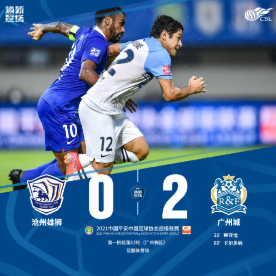 中超-广州城2-0击败沧州夺3连胜 蒂亚戈卡尔多纳破门