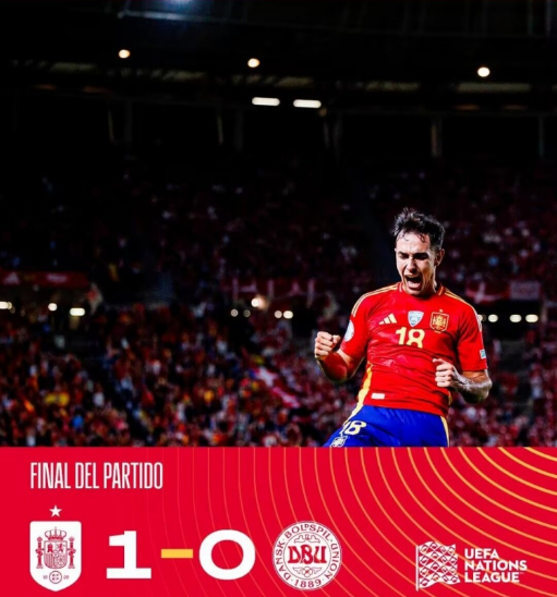 欧国联-西班牙1-0丹麦 亚马尔失良机祖比门迪制胜