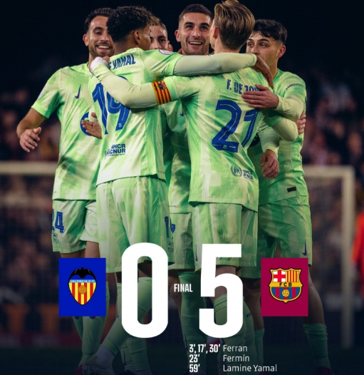 国王杯-巴萨5-0瓦伦西亚 费兰30分钟戴帽 亚马尔建功